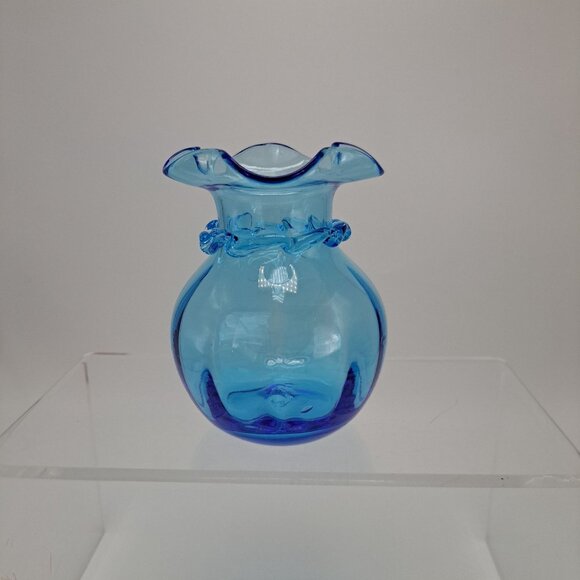 Pilgrim Ruffle Vase Hand Blown Blue Glass Clear Ribbed Applied - Picture 4 of 5